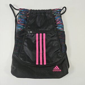 Adidas Drawstring Athletic Gym Bag Pink Black 3 Stripes Zippered Pouch